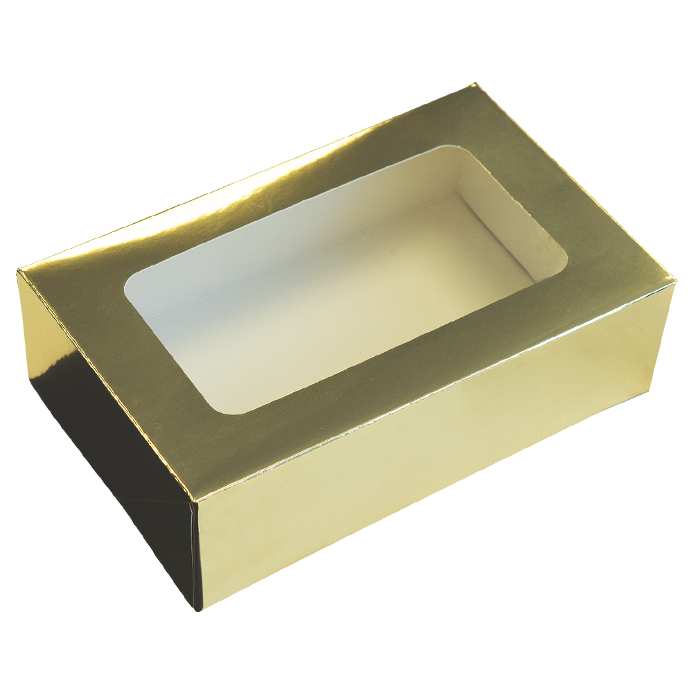 metallic gold disposable cookie box with window cutout