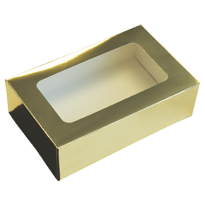 metallic gold disposable cookie box with window cutout