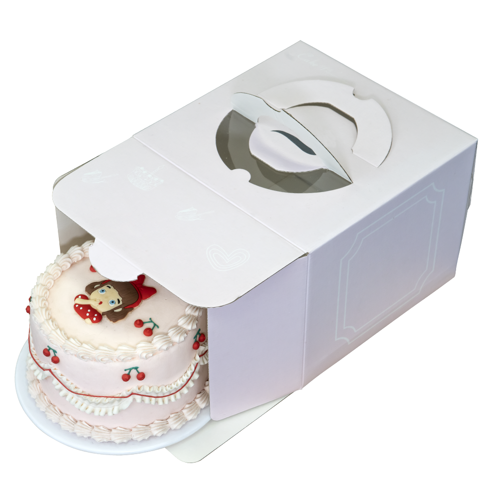 White cake box with handles and small window cutout 