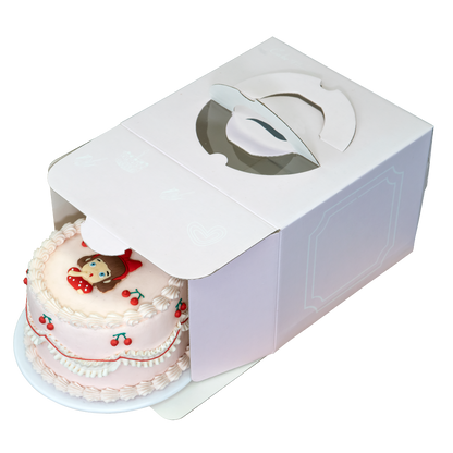 White cake box with handles and small window cutout 